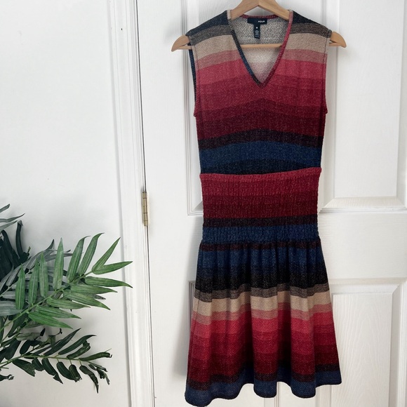 Aqua Smocked Red Striped Mini Sweater Dress Short Sleeve V-neck - Picture 2 of 6